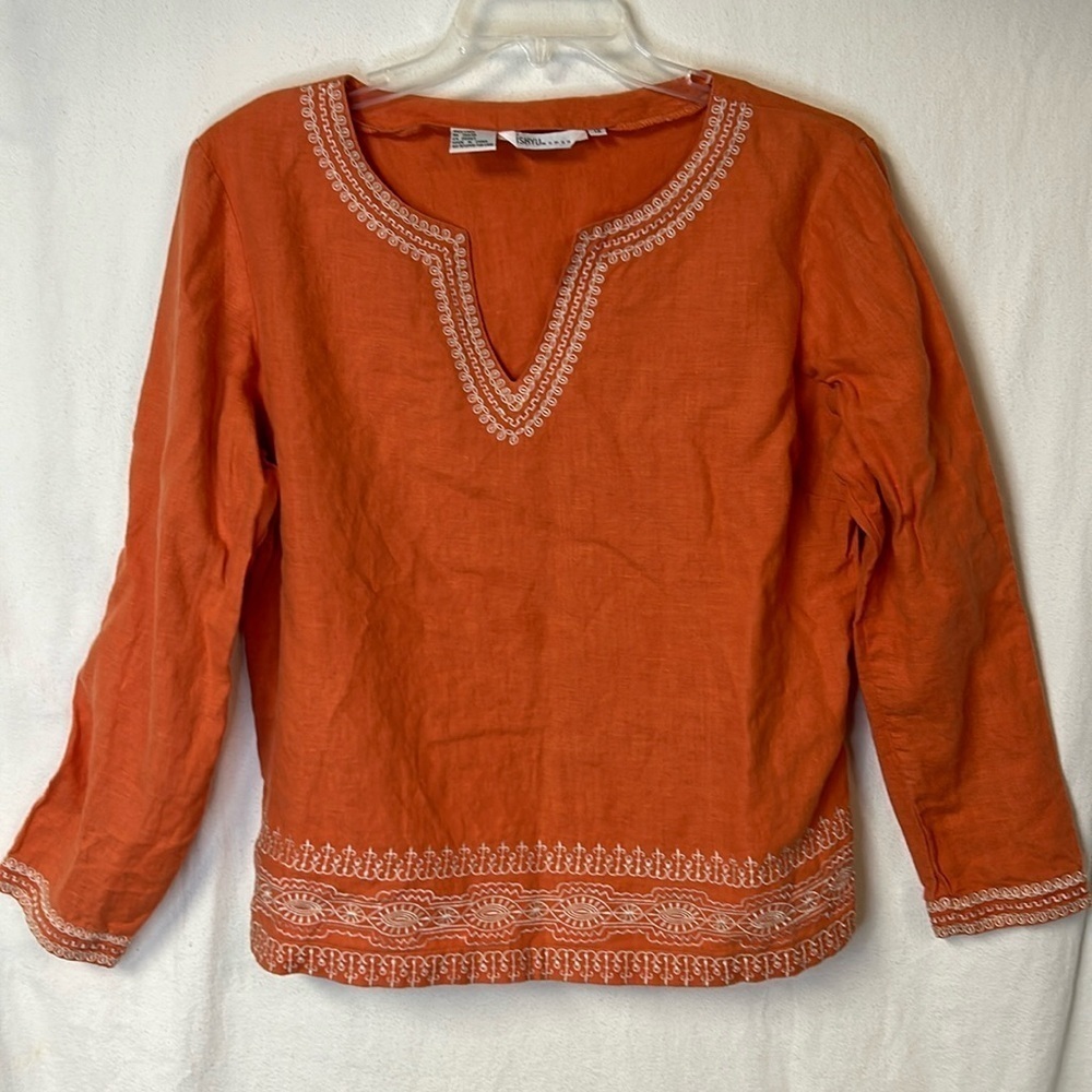 ISHYU Women’s 100% Linen Tunic Top Plus Size 1X Orange With Embroidered Trim